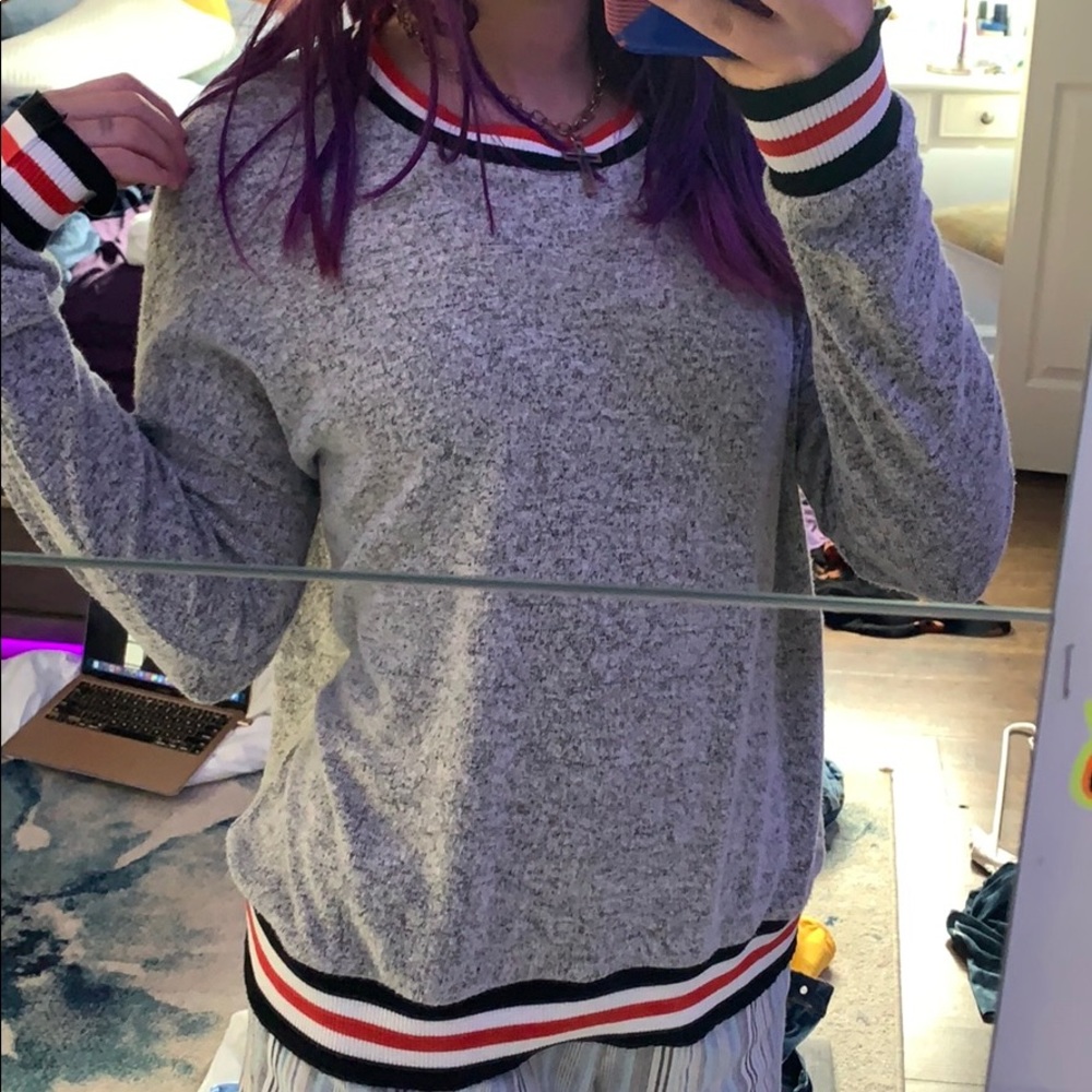 grey with black white red stripes top